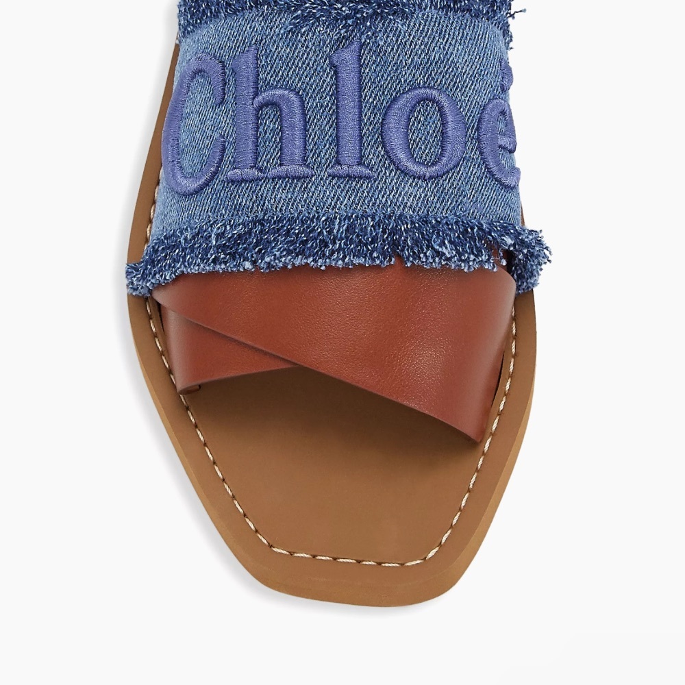 NWT 100% Authentic Chloe Woody Logo Flat Denim Slide Sandals - Picture 5 of 16